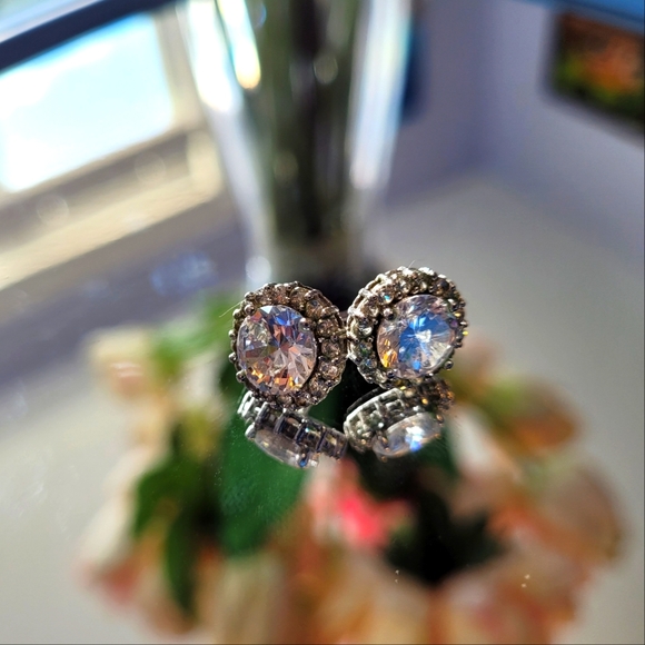 Round Silver Crystal Halo Fashion Earrings - Picture 2 of 5